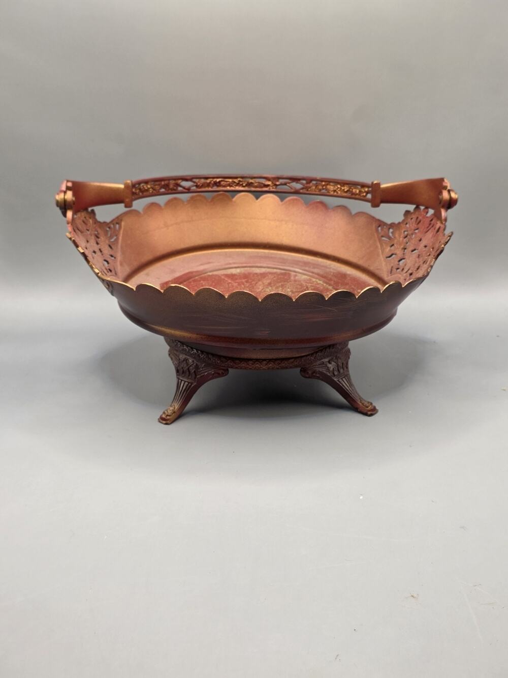 Vintage Heavy Cast Metal Footed Centerpiece Basket Floral Handle Filigree Bowl